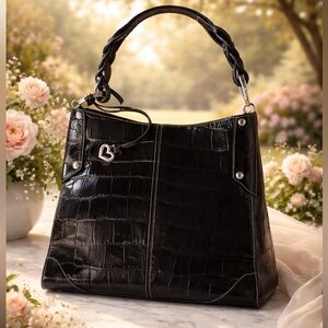 Classic Brighton Black Leather Croc Shoulder Bag Silver Hardware Heart Charm EUC